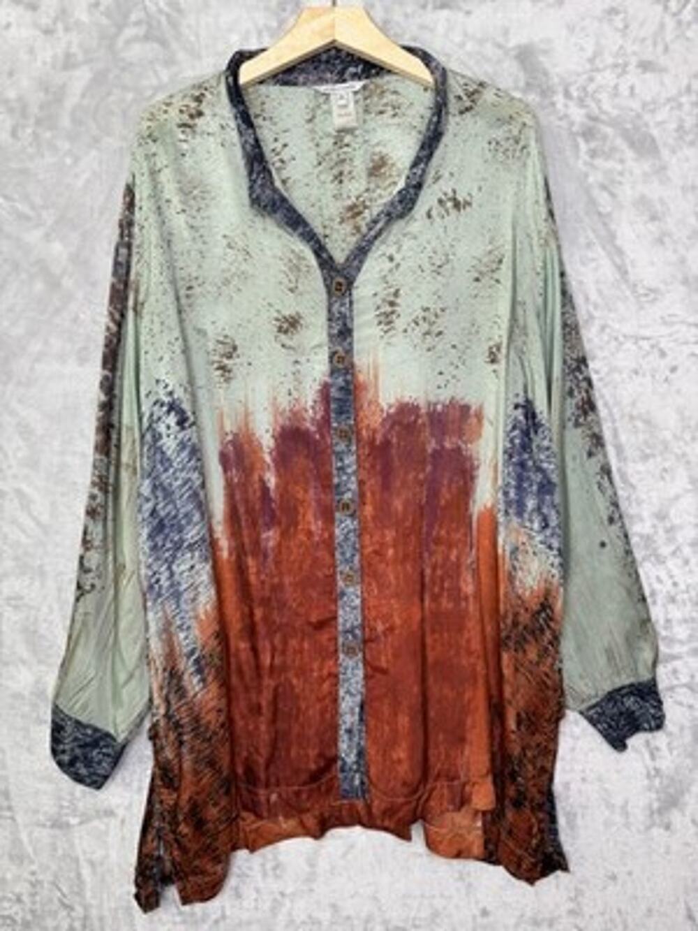 John Mark Blouse Womens 3X Multicolor Abstract Button Front Boho Tunic Top Wired